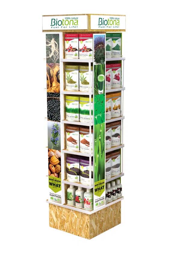 Wooden isle display for organic superfood brand