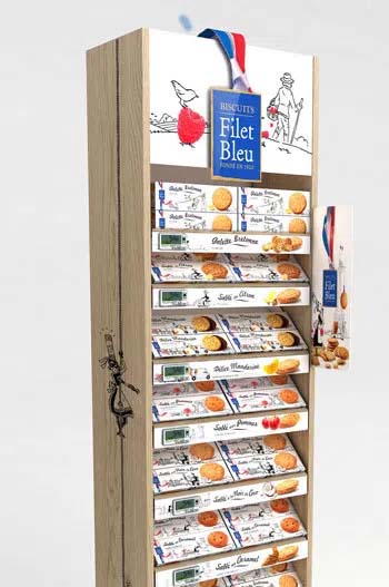 Wooden sidekick display for biscuits brand